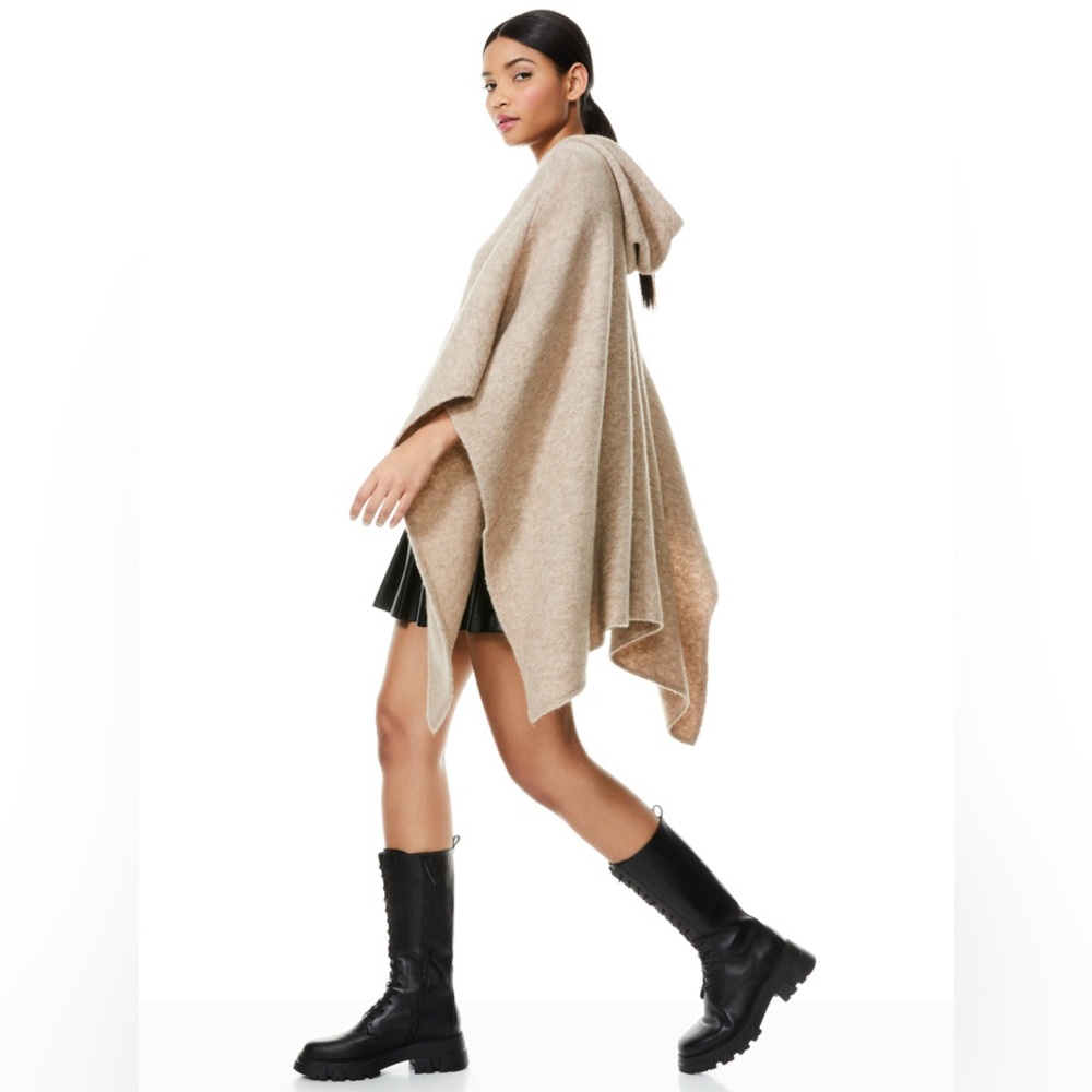 Alice + Olivia Poncho Wool Hooded Pullover Knit Oatmeal Sweater Medium Large - Picture 2 of 13